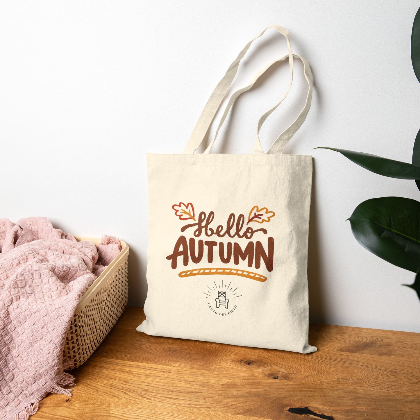 Hello Autumn Cotton Tote Bag — Fall Leaves Market Grocery Bag