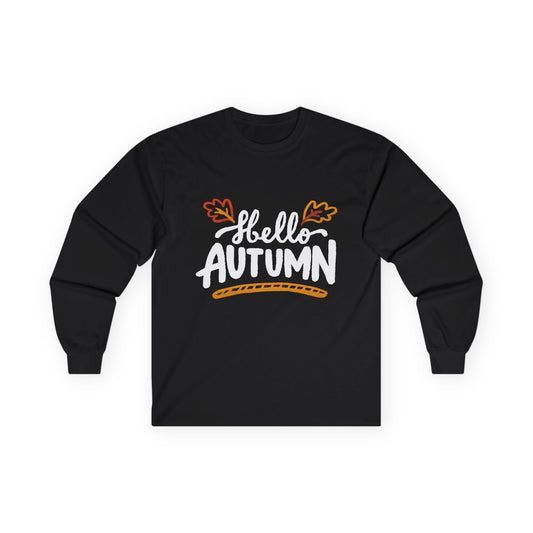 Hello Autumn Long Sleeve Tee — Cozy Fall Leaves Graphic Shirt